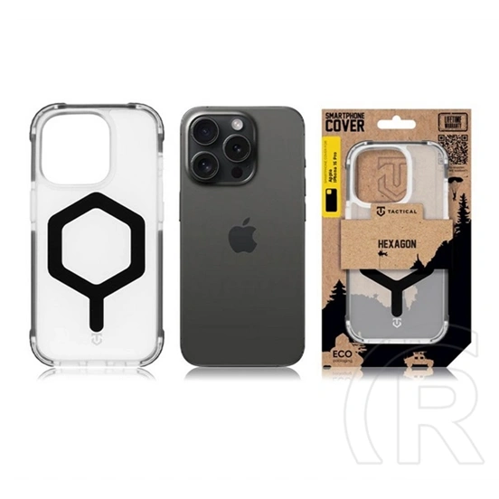 Tactical iPhone 15 Pro magforce hexagon szilikon védő (ütésálló, légpárnás sarok, átlátszó matt hátlap, magsafe) fekete