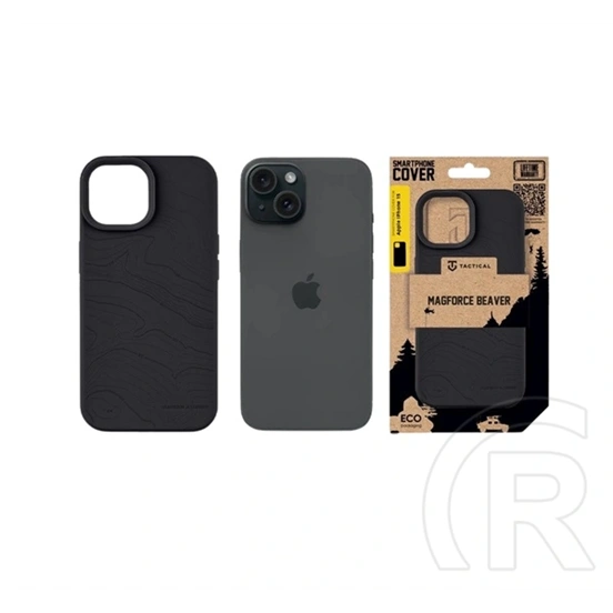 Tactical iPhone 15 magforce beaver szilikon telefonvédő (plüss belső, matt, magsafe, topográfiai minta) fekete