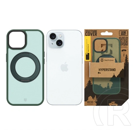 Tactical iPhone 15 magforce hyperstand szilikon telefonvédő (ütésálló, átlátszó hátlap, magsafe, kitámasztó) sötétzöld
