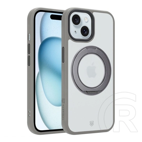 Tactical iPhone 15 magforce hyperstand szilikon védő (ütésálló, átlátszó hátlap, magsafe, kitámasztó) világosszürke