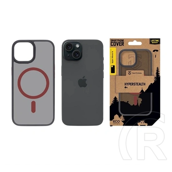 Tactical iPhone 15 magforce hyperstealth 2.0 szilikon telefonvédő (ütésálló, átlátszó matt hátlap, magsafe) fekete/piros