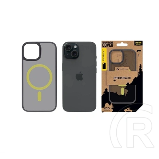 Tactical iPhone 15 magforce hyperstealth 2.0 szilikon védő (ütésálló, átlátszó matt hátlap, magsafe) fekete/citromsárga