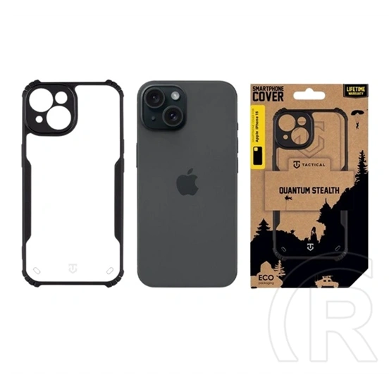 Tactical iPhone 15 quantum stealth szilikon telefonvédő (ütésálló, légpárnás sarok, átlátszó hátlap, kameravédő) fekete