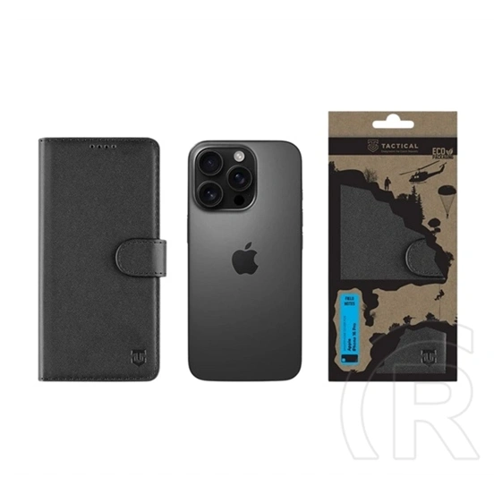 Tactical iPhone 16 Pro field notes tok álló, bőr hatású (flip, asztali tartó, bankkártya tartó, prémium) fekete