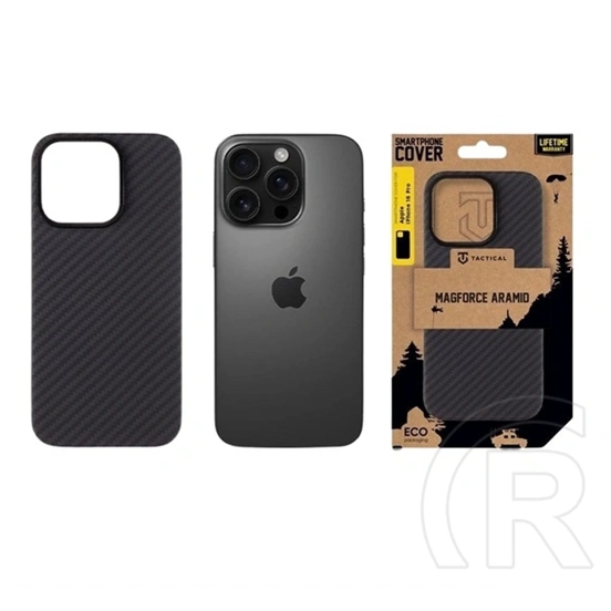 Tactical iPhone 16 Pro magforce aramid szilikon telefonvédő (ultravékony, aramid bevonat, magsafe, karbon minta) fekete