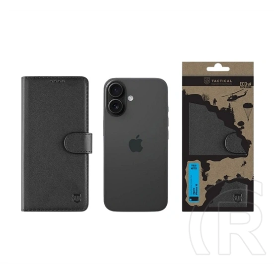 Tactical iPhone 16 field notes tok álló, bőr hatású (flip, asztali tartó, bankkártya tartó, prémium) fekete