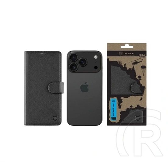 Tactical iPhone 17 Pro field notes tok álló, bőr hatású (flip, asztali tartó, bankkártya tartó, prémium) fekete