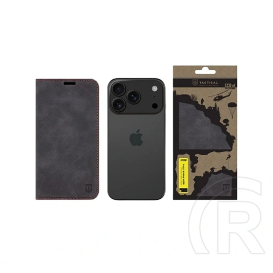 Tactical iPhone 18 Pro  xproof tok álló, bőr hatású (flip, asztali tartó, koptatott bőr minta, prémium) fekete