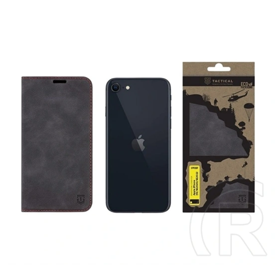 Tactical iPhone SE 3 (2022)  xproof tok álló, bőr hatású (flip, asztali tartó, koptatott bőr minta, prémium) fekete