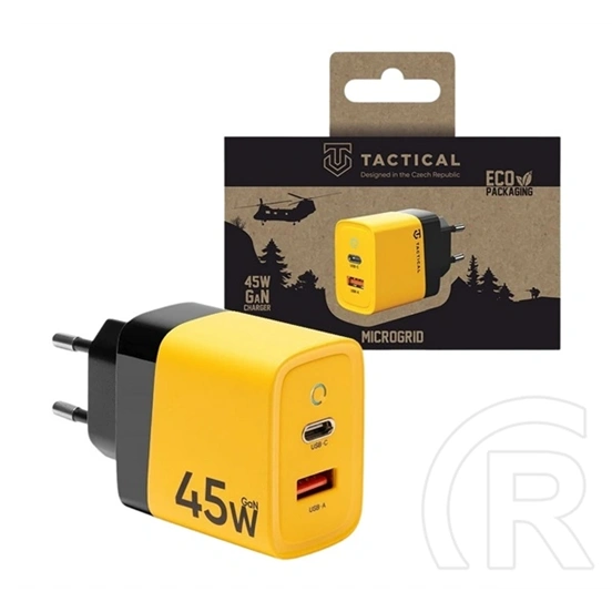 Tactical microgrid hálózati töltő usb+type-c aljzat (45w, gan, pd gyorstöltő 3.0) citromsárga