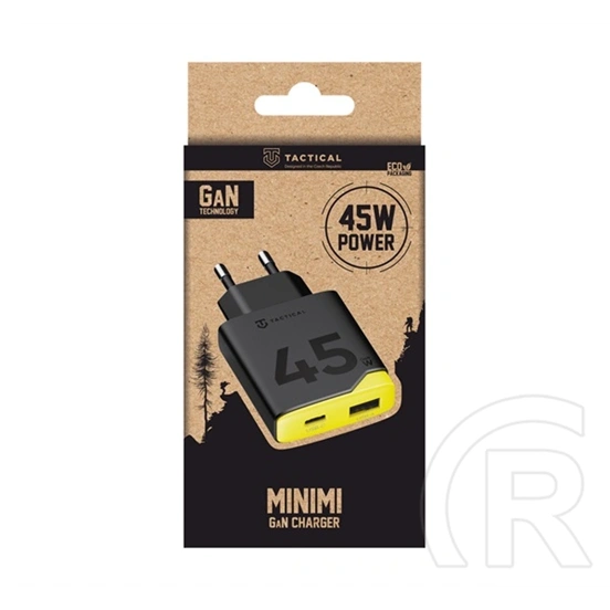 Tactical minimi hálózati töltő usb+type-c aljzat (45w, gan, gyorstöltő) fekete