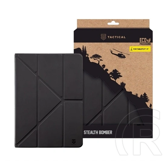 Tactical stealth tok álló, bőr hatású (flip, oldalra nyíló, trifold, asztali tartó, univerzális, 9-11" méret) fekete