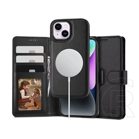 Tech-Protect Wallet Flip oldalra nyíló tok + Magsafe tok (Apple iPhone 15, fekete)
