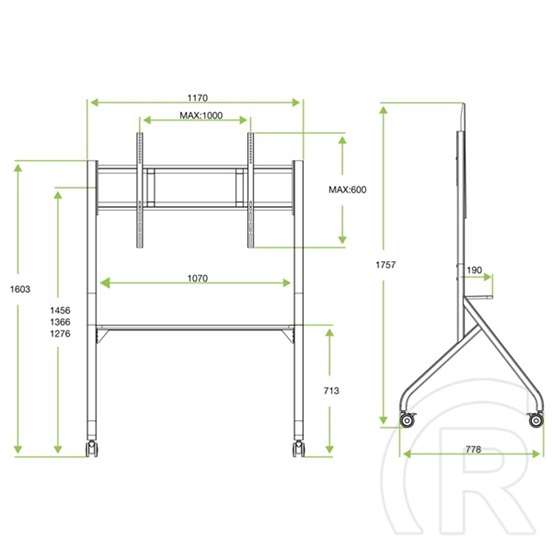 Techly ICA-TR53LB gurulós padlóállvány (65"-100", VESA 800x600 max., 100 kg teherbírás, magasság 1280-1460 mm, fekete)