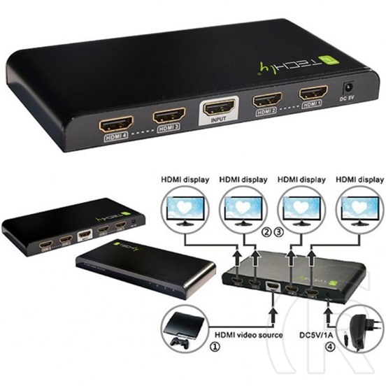 Techly IDATA HDMI-4K4 HDMI elosztó (1 bemenet, 4 kimenet, 4K Ultra HD, 30m, fekete)