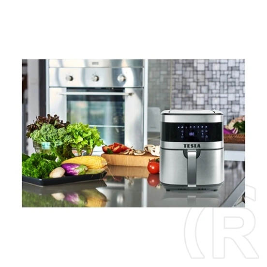 Tesla AirCook Q60 XL forró levegős sütő (6 l, 1500 W, 40-200 °C, 8 program, érintőképernyő, kivehető kosár, fekete, ezüs