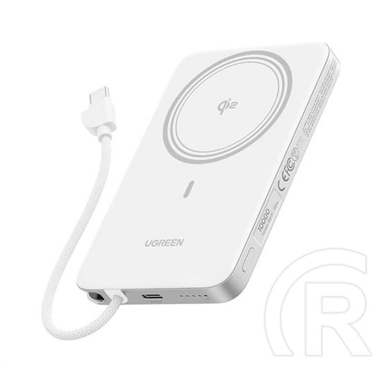 UGREEN PB570 vésztöltő Type-C aljzat (10000mAh, 30W, PD gyorstöltő 3.0, Qi2, mágneses, fix Type-C kábel, fehér)