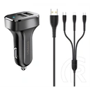 USAMS King TU C13 autós töltő 2 USB aljzat (10W, LED jelzés, lightning, microUSB, type-c kábel, fekete)