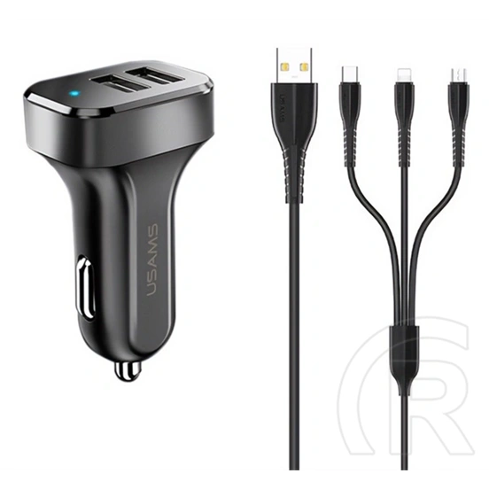 USAMS King TU C13 autós töltő 2 USB aljzat (10W, LED jelzés, lightning, microUSB, type-c kábel, fekete)