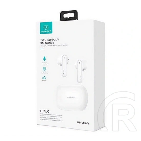 USAMS SM01 bluetooth fülhallgató sztereo (v5.0, tws, mikrofon, zajszűrő, töltőtok, fehér)
