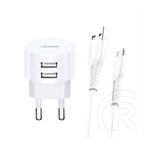 USAMS T20 hálózati töltő 2 USB aljzat (10w, QC gyorstöltés, Type-C kábel, fehér)