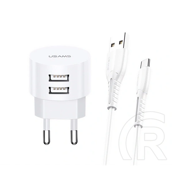 USAMS T20 hálózati töltő 2 USB aljzat (10w, QC gyorstöltés, Type-C kábel, fehér)