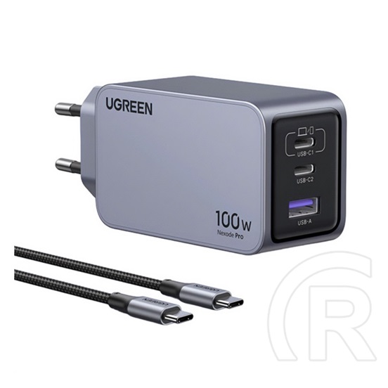 Ugreen Nexode Pro 100W GaN hálózati töltő (USB-C 65W + USB-C 15W + USB-A 15W, PD, gyorstöltés, USB-C kábel)
