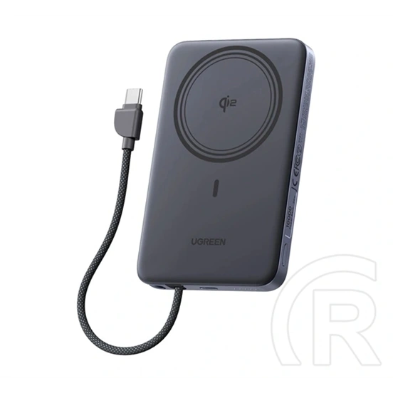 Ugreen PB570 vésztöltő (10000 mAh, 30W, PD 3.0, Qi2, mágneses, fix Type-C kábel, sötétszürke)