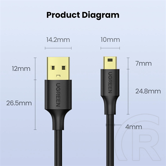 Ugreen adatkábel (2.0 USB-A (M) - Mini USB (M), 1m) fekete