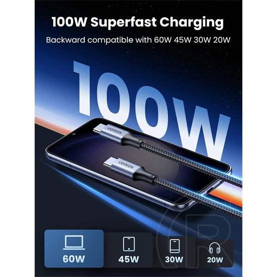 Ugreen adatkábel (2.0 USB-C (M) - USB-C (M), PD, 100W, 5A, 0,5m) fekete