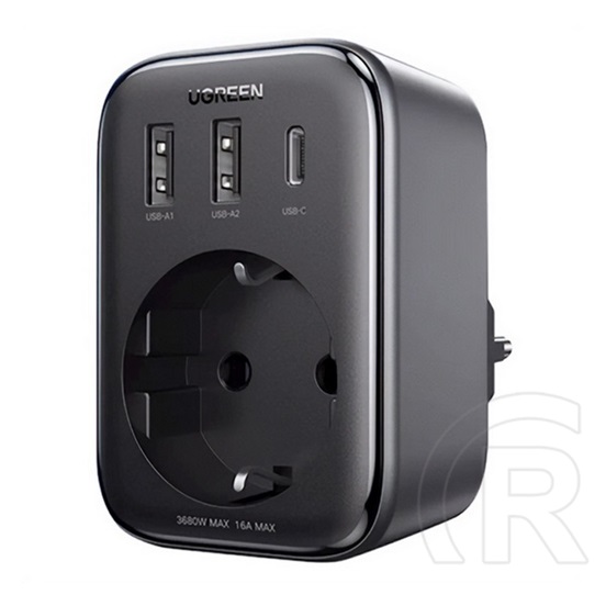 Ugreen hálózati elosztó 2 usb/type-c/hálózati aljzat (5v/3a, 30w, gan, pd gyorstöltő) fekete