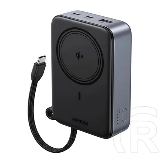Ugreen pb567 vésztöltő type-c aljzat (20000mah, 15w, gyorstöltő, wireless, mágneses, qi2 + fix type-c kábel) fekete