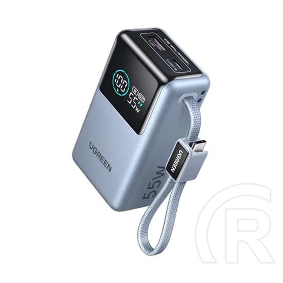 Ugreen pb727 vésztöltő usb+type-c aljzat (10000mah, 55w, gyorstöltő, led kijelző + fix type-c kábel) ezüst