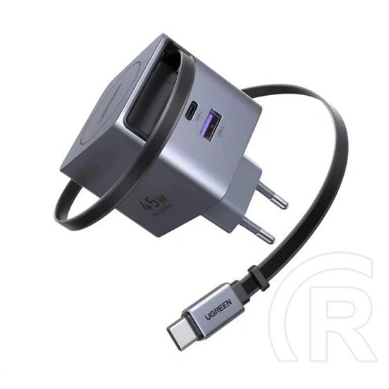 Ugreen x614 hálózati töltő usb+type-c aljzat (45w, gan, pd gyorstöltő + fix type-c kábel) fekete