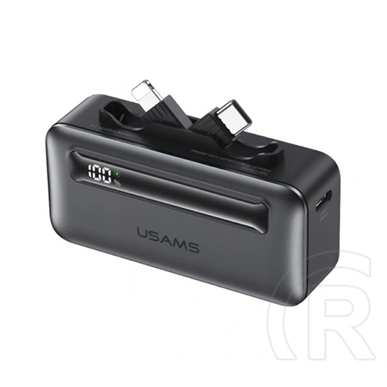 Usams CD233 vésztöltő type-c aljzat (5000mAh, 20w, pd gyorstöltő, led kijelző, type-c+lightning csatlakozó, fekete)