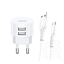 Usams T20 hálózati töltő 2 USB aljzat (10W, QC gyorstöltés, micro USB kábel, fehér)