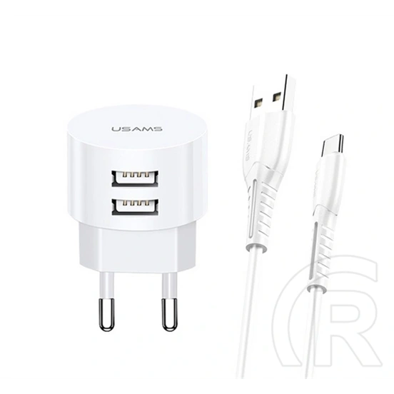 Usams T20 hálózati töltő 2 USB aljzat (10W, QC gyorstöltés, micro USB kábel, fehér)