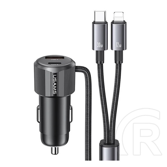 Usams autós töltő usb+type-c aljzat (66w, pd gyorstöltő + fix type-c - lightning kábel) fekete