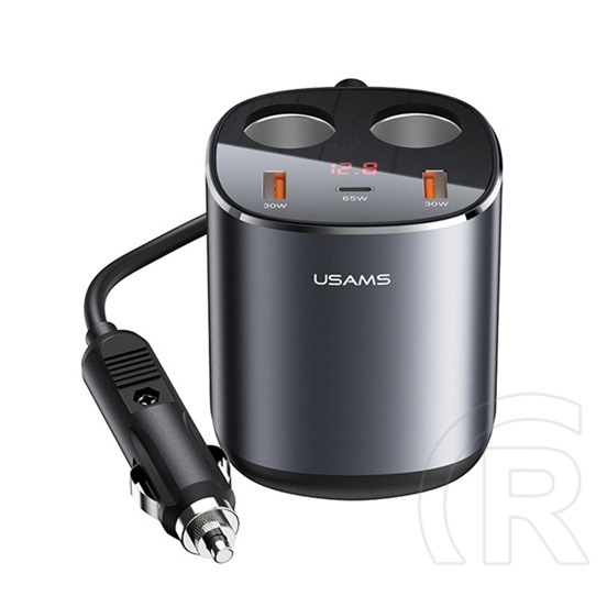 Usams c28 szivargyújtó adapter (elosztó) 2 szivartöltő + 2 usb + type-c aljzat 5in1 (254w, 3a, led kijelző) szürke