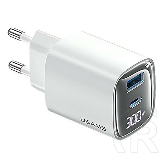 Usams cc229 hálózati töltő usb+type-c aljzat (30w, gan, pd gyorstöltő, led kijelző) fehér