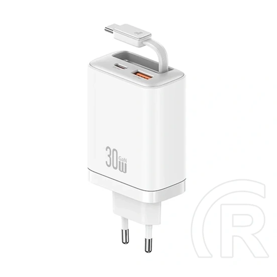 Usams cc296 hálózati töltő usb+type-c aljzat (30w, gan, pd gyorstöltő + fix type-c kábel) fehér