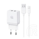 Usams hc hálózati töltő 2 usb aljzat (18w, gyorstöltő + lightning kábel) fehér