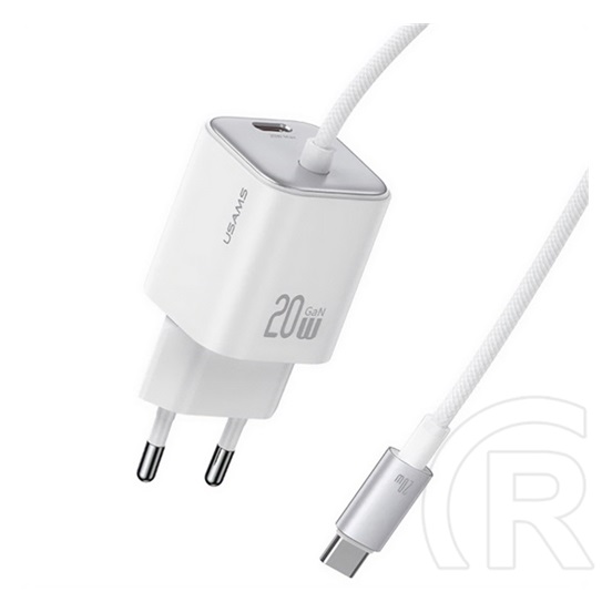 Usams jc mini hálózati töltő type-c aljzat (20w, pd gyorstöltő, gan + fix type-c kábel) fehér