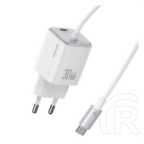 Usams jc mini hálózati töltő type-c aljzat (30w, pd gyorstöltő, gan + fix type-c kábel) fehér