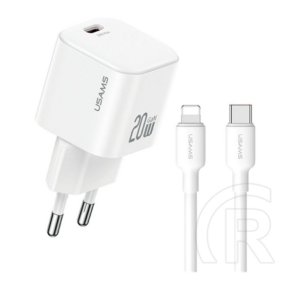 Usams jo hálózati töltő type-c aljzat (20w, pd gyorstöltő + lightning kábel) fehér