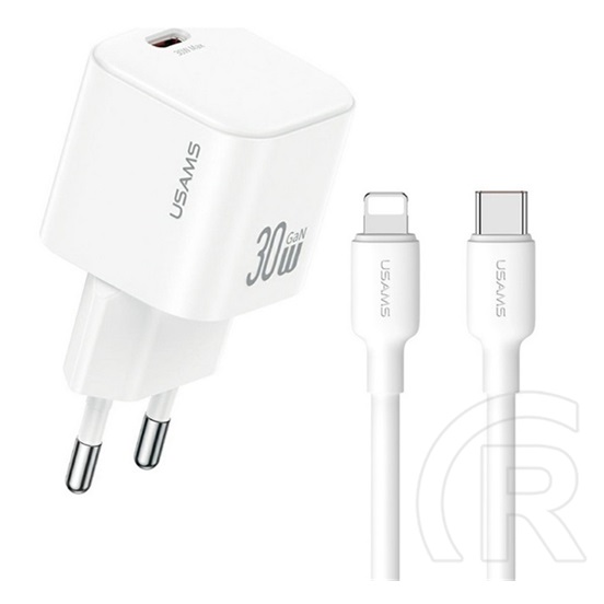 Usams jo hálózati töltő type-c aljzat (30w, pd gyorstöltő + lightning kábel) fehér