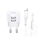 Usams T20 hálózati töltő (2x USB-A aljzat, 10W, Lightning 8pin kábel, fehér)