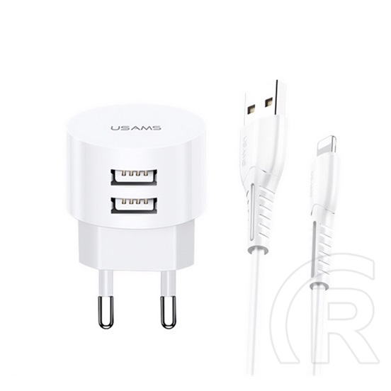 Usams T20 hálózati töltő (2x USB-A aljzat, 10W, Lightning 8pin kábel, fehér)