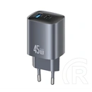 Usams t66 hálózati töltő usb+type-c aljzat (45w, gan, pd gyorstöltő) sötétszürke