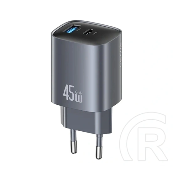 Usams t66 hálózati töltő usb+type-c aljzat (45w, gan, pd gyorstöltő) sötétszürke